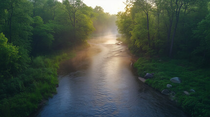 Obraz premium Misty river flowing through lush greenery at sunrise, serene nature