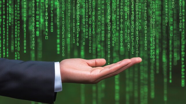 Businessman Holding Microchip Over Digital Data and Binary Code Background