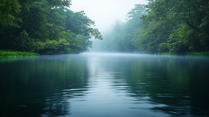 Fototapeta premium Serene river landscape enveloped in mist, nature's tranquility