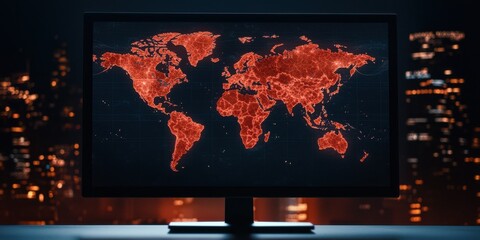 A digital map of the world illuminated in red, showcasing data points, set against a dark urban backdrop.