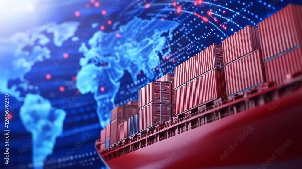 Poster close up view of a cargo ship against a digital representation of a world map. the ship is red and c