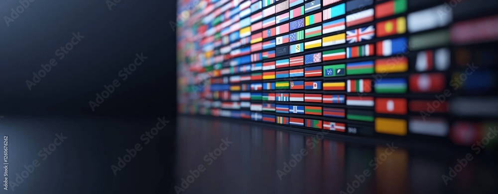 Poster a vibrant array of international flags displayed in a colorful, artistic manner, symbolizing global 