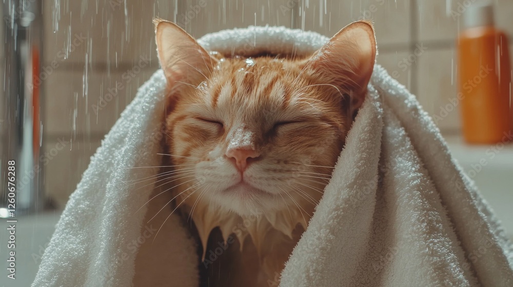 Aufkleber a heartwarming image of a cat being lovingly dried off with a soft towel after a bath, showcasing th