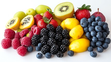 Colorful fresh fruit assortment; healthy eating; white background; food photography; recipe websites