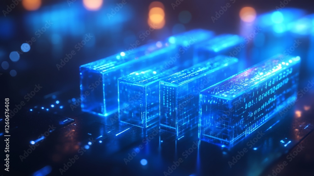 Poster a high-tech d bar graph with glowing blue bars and digital numbers floating around them, symbolizing