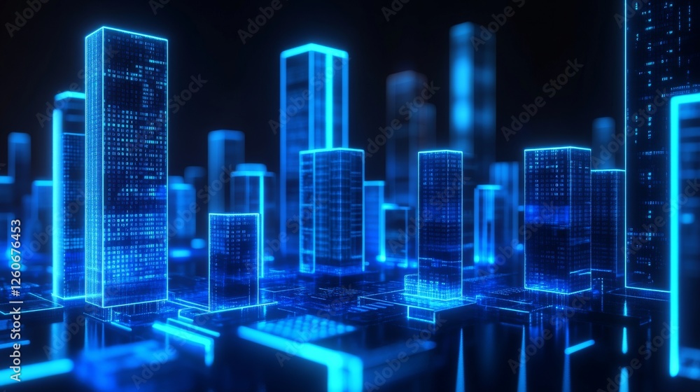 Poster a high-tech d bar graph with glowing blue bars and digital numbers floating around them, symbolizing