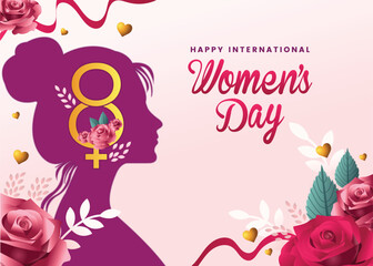 Happy Women's Day. Portraits of beautiful strong woman Silhouette surrounded by flowers. Vector banner with International Women's Day. Movements for gender equality and women's empowerment.