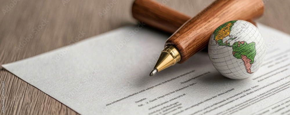 Poster a wooden pen rests on a sheet of paper next to a globe, symbolizing global communication and documen