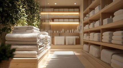 Obraz premium Serene spa interior showcasing neatly arranged towels and calming greenery in a tranquil setting