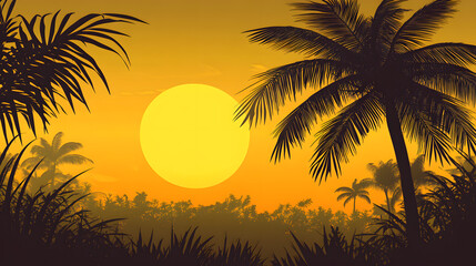 Obraz premium A serene sunset over a tropical landscape with palm trees and vibrant colors.