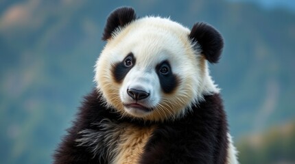 Obraz premium Close-up portrait of a panda bear with a gentle expression and soft fur, surrounded by natural greenery