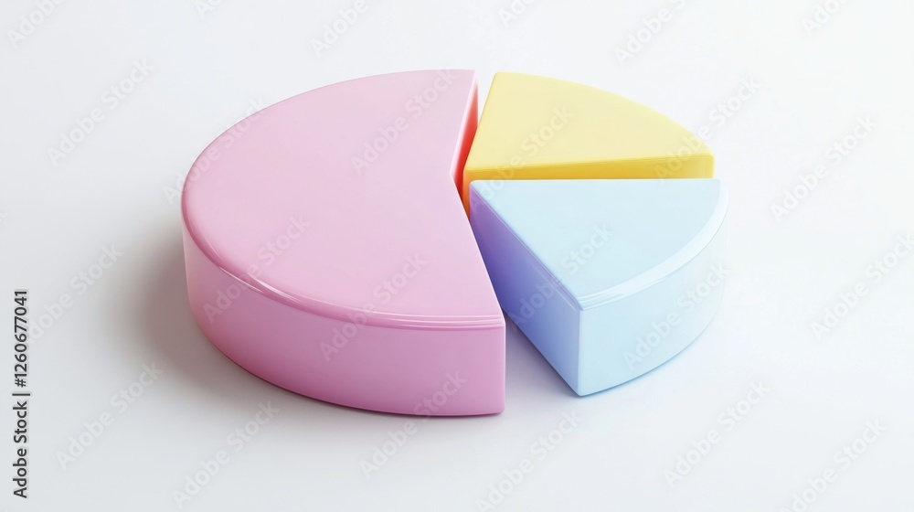 Poster A minimalist D pie chart with pastel-colored slices, smoothly separated to reveal individual sections, placed on a clean white background.