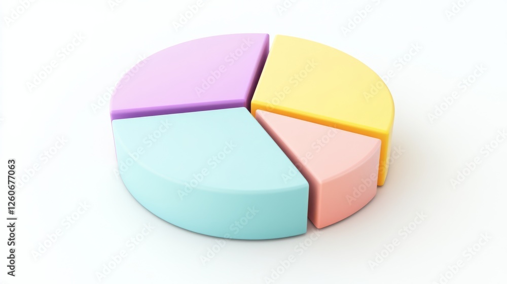 Poster a minimalist d pie chart with pastel-colored slices, smoothly separated to reveal individual section