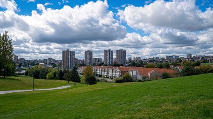Fototapeta premium Panoramic view of a city skyline beyond a grassy hilltop park, showcasing a mix of high rise buildings and residential structures. The foreground