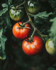 Close up of Ripe red and green tomatoes growing on a vine in a garden in dark tones