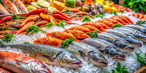 Fresh Seafood Market Display: Vibrant Salmon, Bass, and Shrimp on Ice