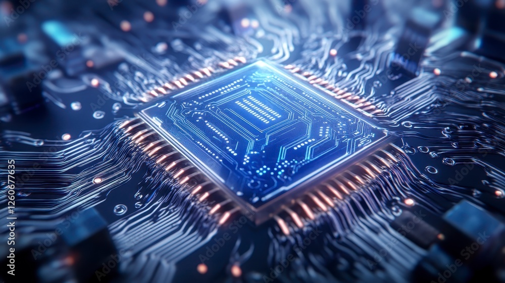 Poster high tech close up view of a central processing unit chip on a complex printed circuit board, showca