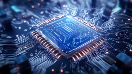 High tech close up view of a central processing unit chip on a complex printed circuit board, showcasing intricate circuitry, bright glowing blue