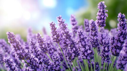 Obraz premium Close up of vibrant purple flowers in full bloom, bathed in soft sunlight. Flowers are clustered closely together, creating a lush, textured field of