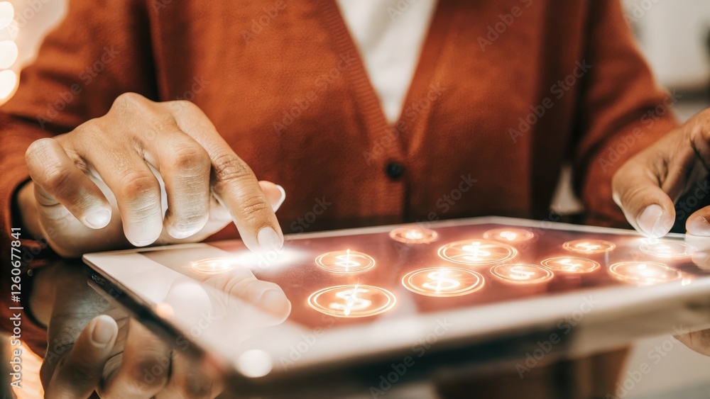 Poster closeup of a hand interacting with a holographic interface where vibrant digital currency symbols ho