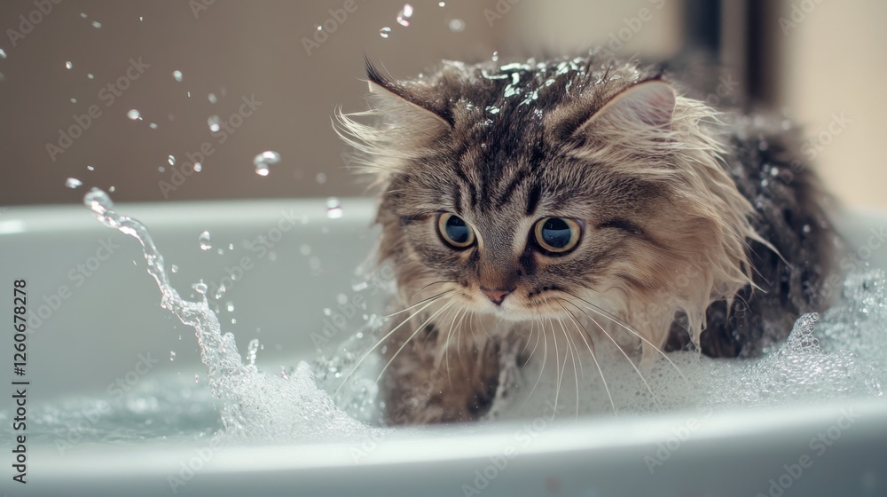 Poster a playful image of a fluffy cat cautiously stepping into a bathtub filled with warm water, with spla