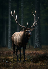 Obraz premium A majestic elk stands tall in a dense forest, its long antlers reaching skyward. Its brown and white coat contrasts with the dark trees, exuding calm and strength in its wild habitat.