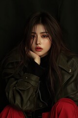 Naklejka premium Pensive Young Woman in Dark Green Leather Jacket and Red Pants