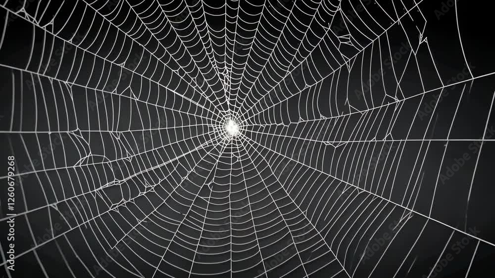 Poster close-up, centered view of a spider web against a dark background, capturing intricate details. idea