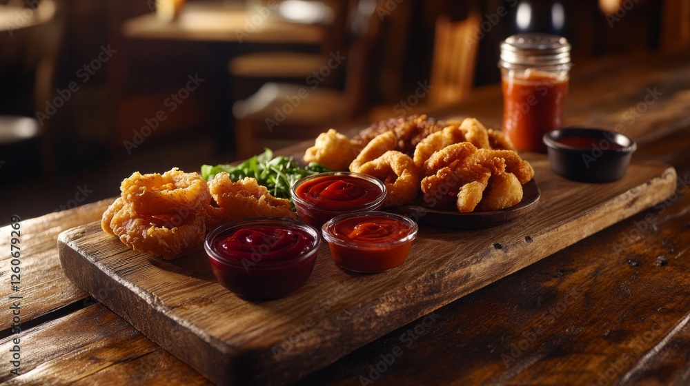 Aufkleber a rustic scene with a wooden cutting board displaying a variety of dipping sauces, including ketchup