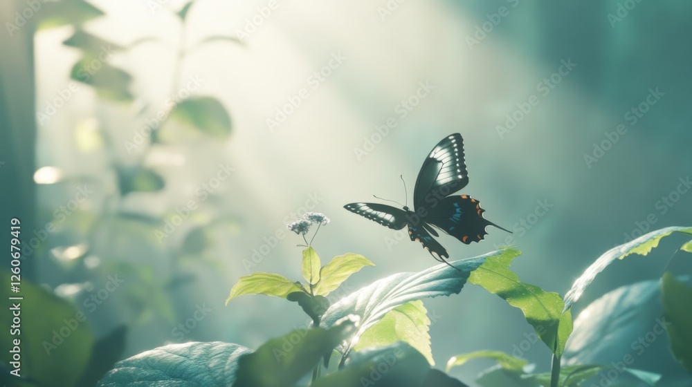 Poster a serene image of a butterfly delicately perched on a leaf, with sunlight filtering through the foli
