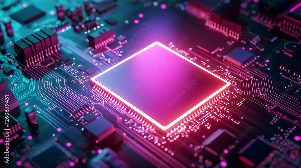 Poster detailed circuit board featuring glowing microchip, showcasing advanced technology and vibrant color