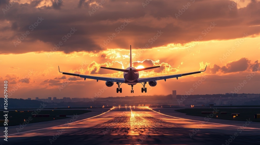 Poster a serene image of a small aircraft taking off during golden hour, with the sun setting on the horizo