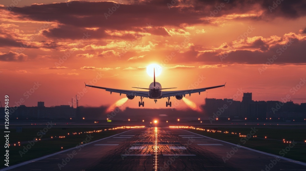 Poster a serene image of a small aircraft taking off during golden hour, with the sun setting on the horizo
