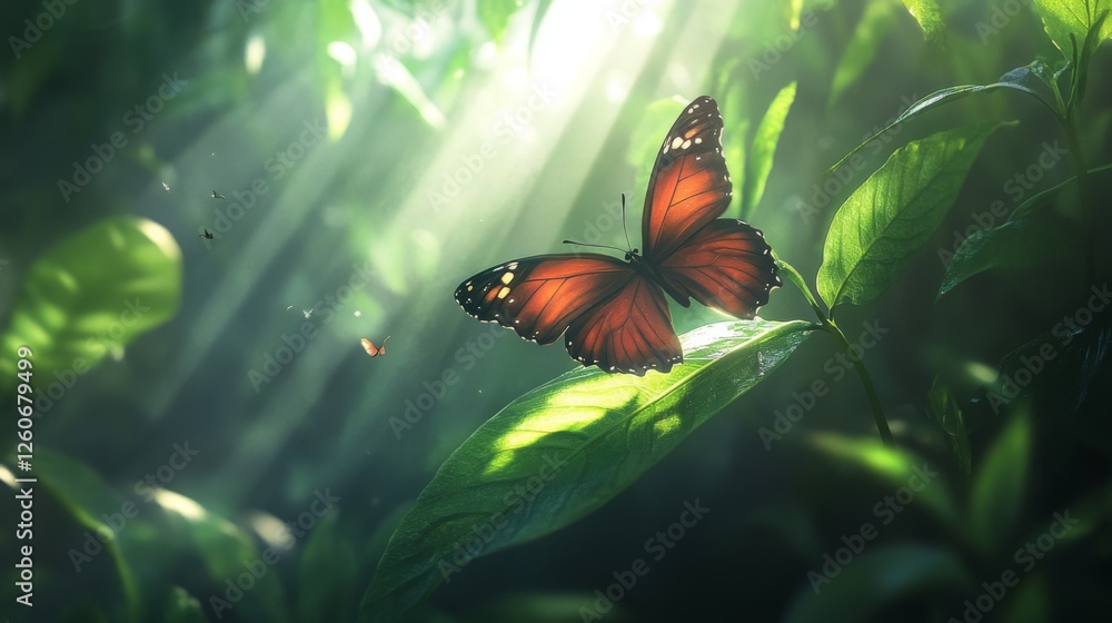 Poster a serene image of a butterfly delicately perched on a leaf, with sunlight filtering through the foli