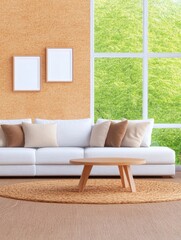 Modern Living Room Interior Design - Serene, minimalist living room with natural light, cozy sofa, wooden coffee table, and cork wall. Symbolizes comfort, nature, simplicity, relaxation, and modern