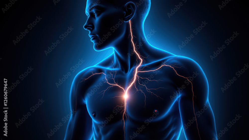 Poster a 3d rendering of a human torso with highlighted vns or vagus nerve stimulation activity.