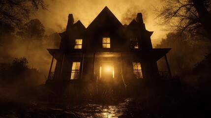 Mysterious Victorian House at Night - A dark, ominous Victorian house shrouded in fog at night. Eerie light glows from within. Perfect for horror, mystery, or suspense themes