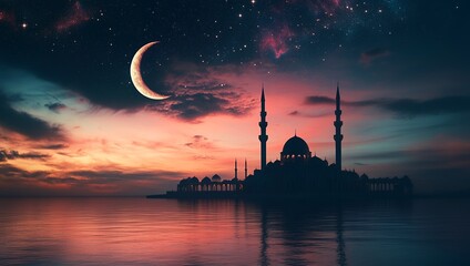 Obraz premium Majestic Mosque Silhouette at Sunset Peaceful Night Sky sea red art moon calm dome dark