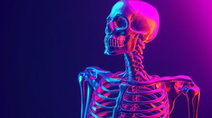 Neon Skeleton Anatomy - A stylized 3D  of a skeleton illuminated with vibrant pink and blue neon light. Perfect for medical, art, or Halloween themes