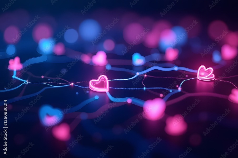 Poster neon heart shapes and lines on dark background creating a connected network