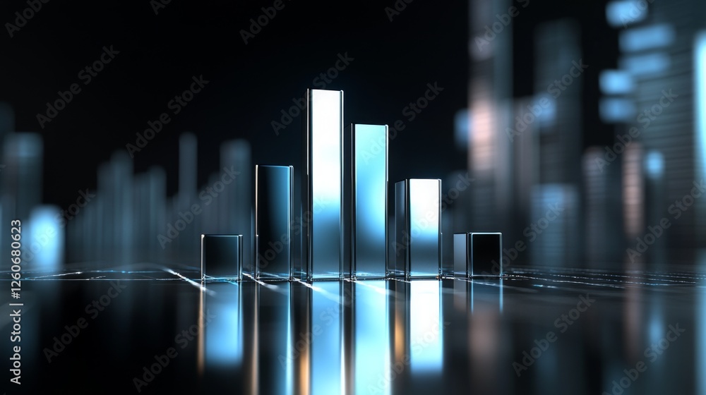 Aufkleber a sleek, futuristic d bar graph with metallic bars rising from a reflective surface, set against a d