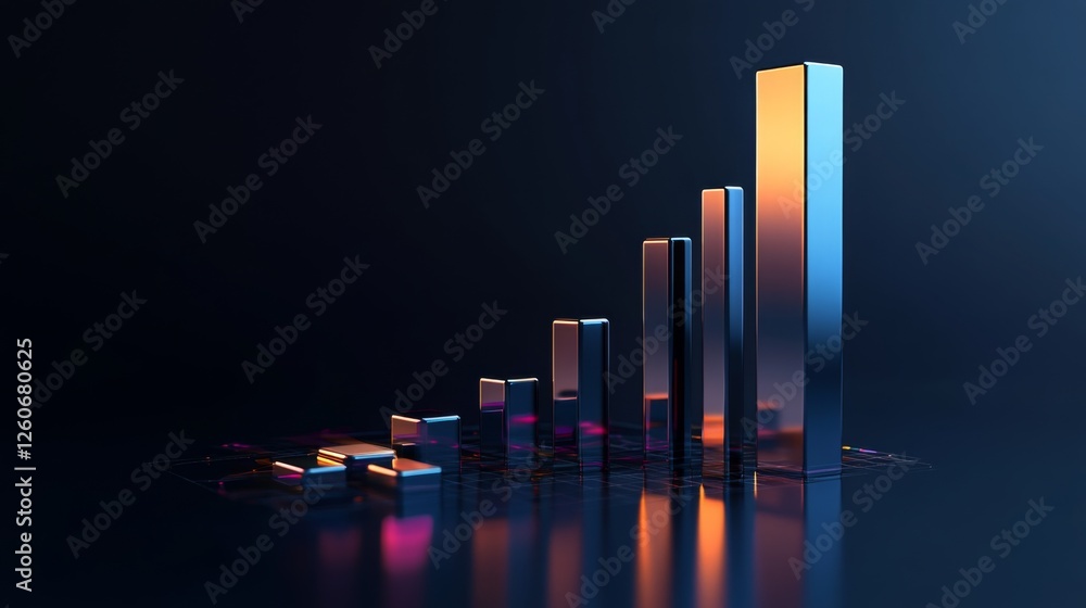 Poster A sleek, futuristic D bar graph with metallic bars rising from a reflective surface, set against a dark gradient background, highlighting business growth.