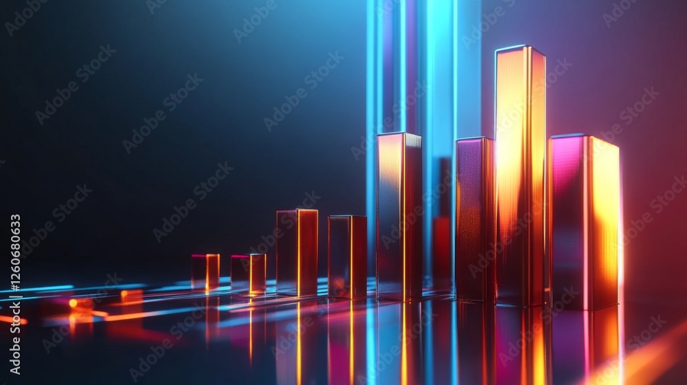 Poster a sleek, futuristic d bar graph with metallic bars rising from a reflective surface, set against a d