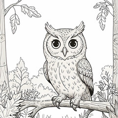 Cute kawaii cartoon character owl on the tree coloring page, vector printable worksheets for preschool.