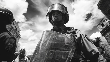 Officer in Riot Gear Facing Protest - A black and white symbolizing protest, civil unrest, police presence, law enforcement, and tension