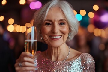 Elderly caucasian woman celebrating with champagne at festive event