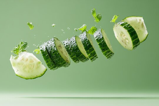 Floating sliced cucumber with mint leaves on green background