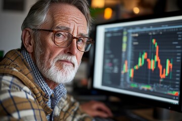 Elderly caucasian male analyzing stock market data on computer screen