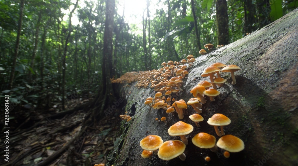 Poster a stunning photograph of mushrooms growing on the side of a tree trunk in a dense forest, highlighti