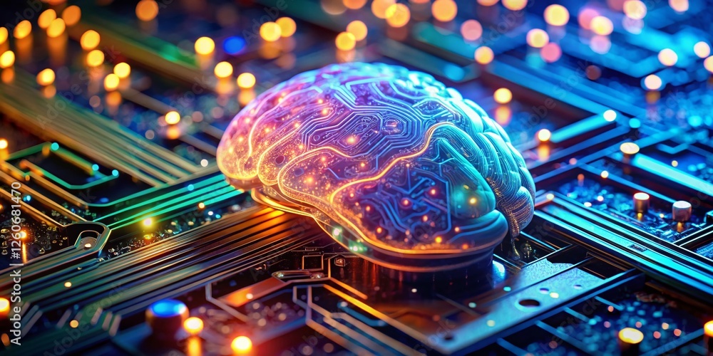 Poster futuristic ai brain: digital intelligence & neural networks bokeh effect